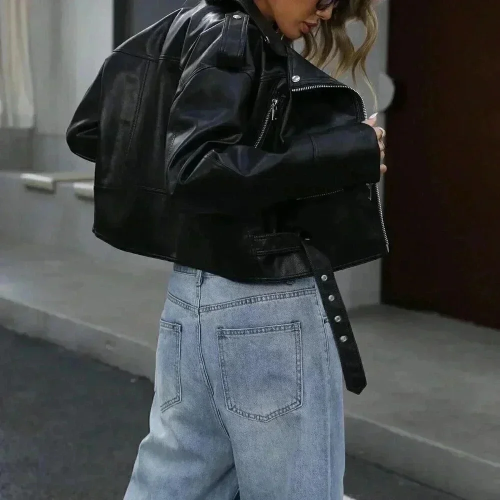 Black Casual Women's Street Style Motorcycle Pu Leather Short Jacket - Picture 3 of 10